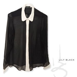 Lily Black Clarity Sheer Silk Button Down (sm) B&W